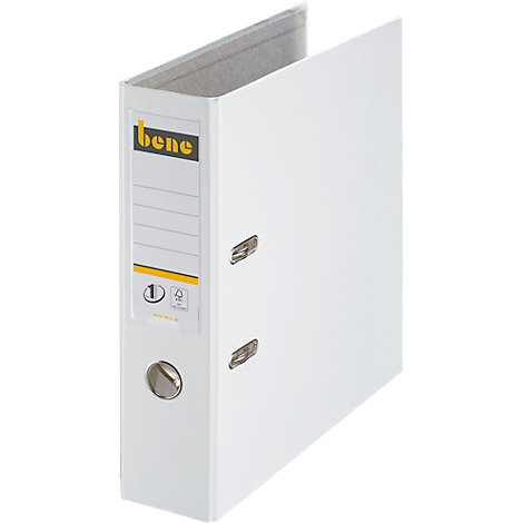 White binder with stickers and metal eyelets.