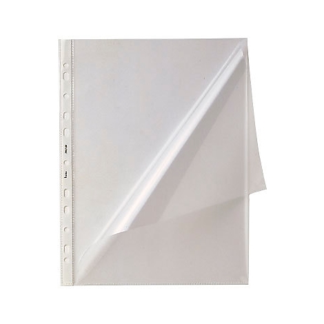 Transparent sheet protector with a punched edge, partially open.
