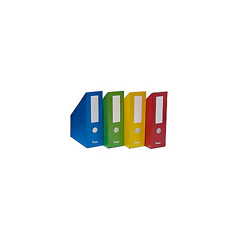 Vier bunte Ordner stehen nebeneinander. Blau, grün, gelb und rot mit weißem Etikett und silberfarbenen Knöpfen.