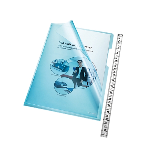 Blauwe map met document. Daarnaast een meetlint. Op de map staat: 'De perfecte uitstraling'.