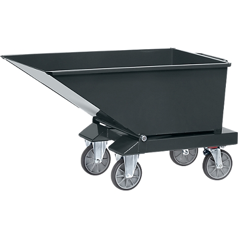 Benne basculante noire sur roulettes, équipée de quatre roues. La benne est angulaire et conçue pour le transport.