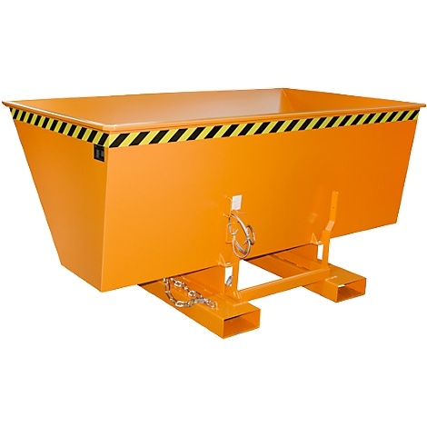 Benne basculante orange. Bande d'avertissement jaune et noire sur le bord supérieur. Sur un support avec chaîne.