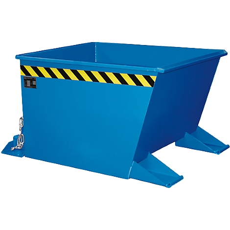 Benne basculante en acier peint en bleu avec bande d'avertissement noire et jaune et pieds.