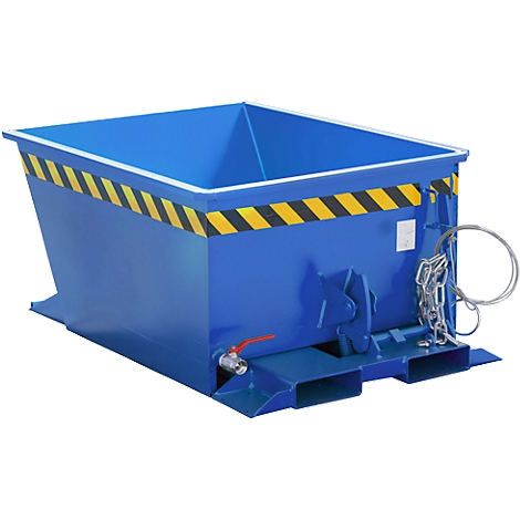 Bac en acier bleu avec marquages d'avertissement jaunes et noirs, robinet de vidange, chaînes et œillets.