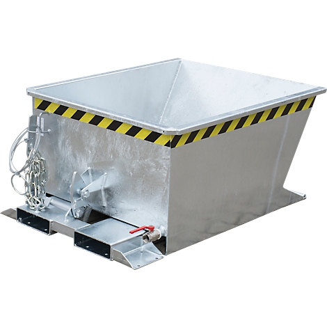 Récipient métallique rectangulaire avec des bandes d'avertissement jaunes et noires. En bas : robinet et vidange.