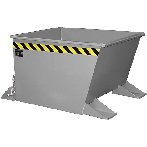 Bac basculant gris avec bande d'avertissement jaune et noir, avec chaîne et crochet d'un côté.