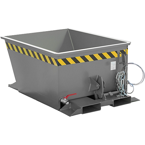 Conteneur basculant gris avec des bandes d'avertissement jaunes et noires et un robinet de vidange. Il dispose de chaînes et d'un système de crochet pour la fixation.