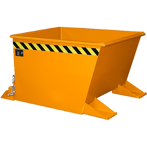 Bac basculant jaune avec des rayures noires et jaunes. Deux pieds à l'avant, suspension à chaîne à l'arrière.