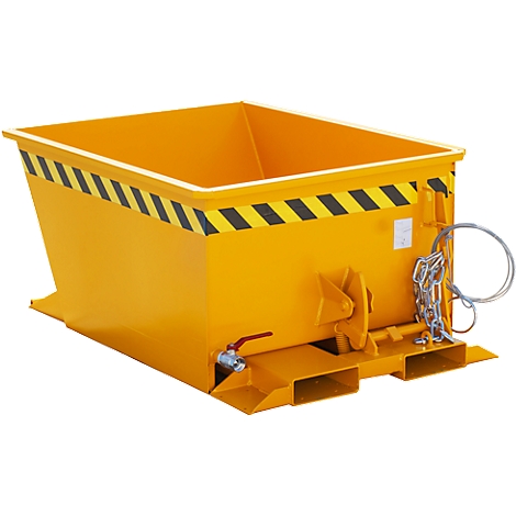 Bac en acier jaune avec bandes d'avertissement. Il est monté sur une palette, possède un robinet de vidange et un mécanisme de sécurité.