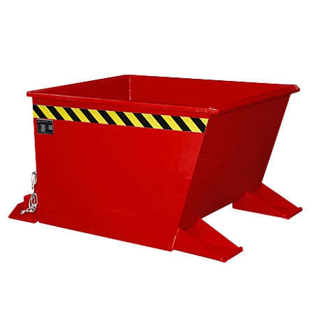 Benne rouge avec bande d'avertissement noire et jaune. Rectangulaire, biseauté. Sur deux pieds et avec chaînes.