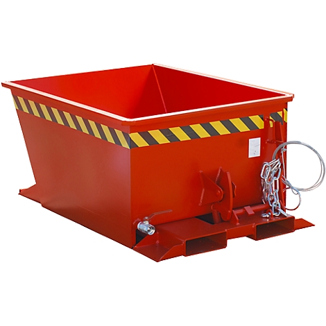 Conteneur rouge avec des bandes d'avertissement jaunes et noires. Le conteneur est fixé à une structure de palette, avec une chaîne.