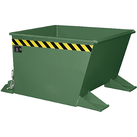 Conteneur vert trapézoïdal. Bandes jaunes et noires en haut, chaînes sur le côté.