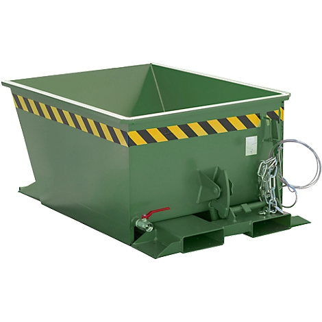 Conteneur en acier rectangulaire vert avec des marquages d'avertissement jaunes et noirs. Il repose sur une base, avec un robinet sur le côté.