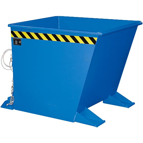 Conteneur de transport bleu, trapézoïdal, avec ruban d'avertissement jaune et noir, chaînes et pieds.