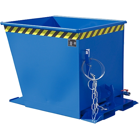 Conteneur en acier bleu, dessus avec des rayures noires et jaunes, chaîne et vanne de vidange.