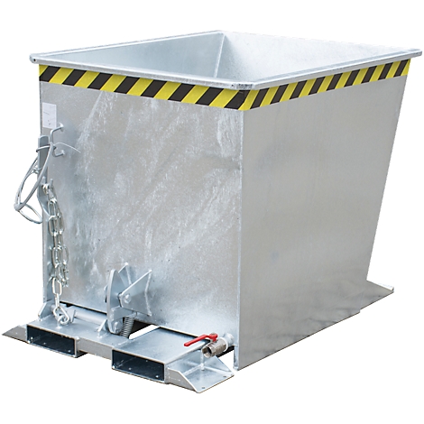 Conteneur en métal gris avec des bandes d'avertissement jaunes et noires, une chaîne et un robinet de vidange.