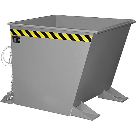Bac en acier gris, trapézoïdal, avec bande d'avertissement jaune et noir.