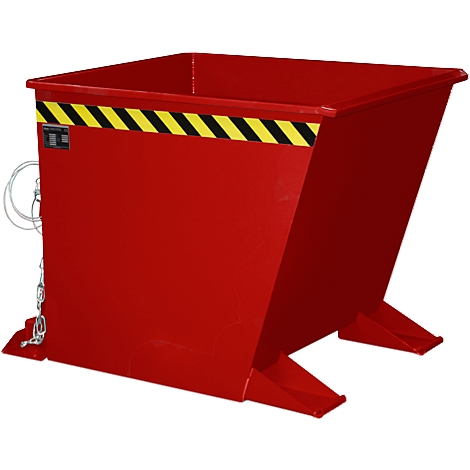 Bac basculant rouge avec une bande d'avertissement noire et jaune. Chaîne et fixations incluses.