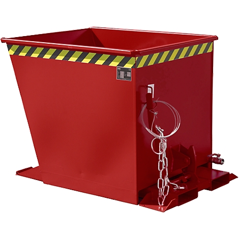 Conteneur basculant rouge avec bande d'avertissement jaune et noir. Chaîne et goupille de sécurité.
