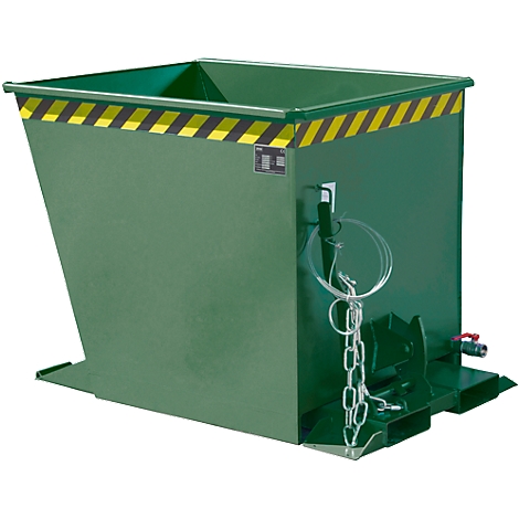 Conteneur en acier vert avec rayures d'avertissement jaunes et noires. Chaîne, anneau et robinet sur le côté.