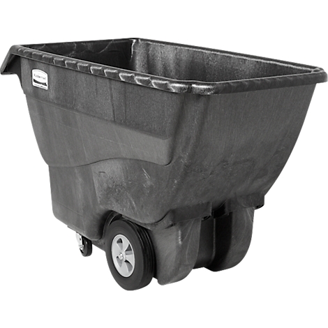 Poubelle noire rectangulaire sur roues, pour le transport. Le logo "Rubbermaid" est clairement visible.