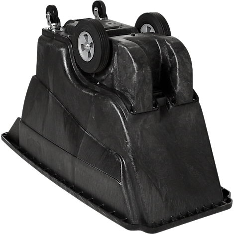 Boîte noire avec des roues fixées sur le dessus. La boîte a une surface rugueuse et une base rectangulaire.