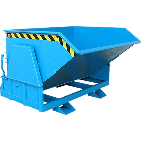 Benne basculante bleue. Ouvrable, avec des bandes d'avertissement jaunes et noires.