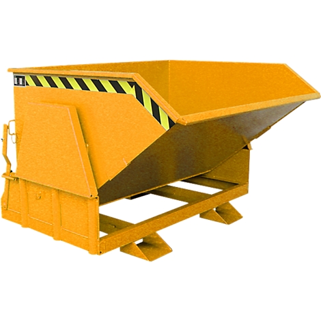 Benne basculante jaune avec des bandes d'avertissement noires et jaunes.