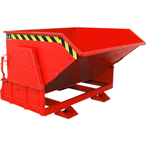 Benne basculante rouge, inclinée, avec des bandes d'avertissement jaunes et noires.