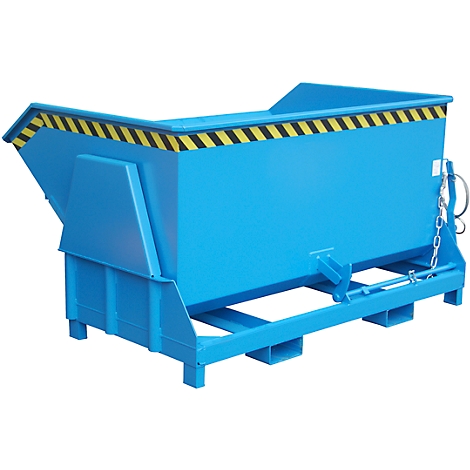 Conteneur peint en bleu, marqué en jaune et noir sur le bord supérieur, posé sur un cadre robuste.