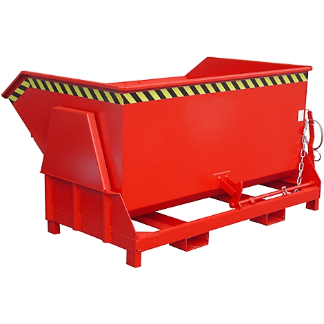Conteneur rouge avec marquage d'avertissement jaune et noir. Construction métallique, dessus ouvert, sur cadre de palette.