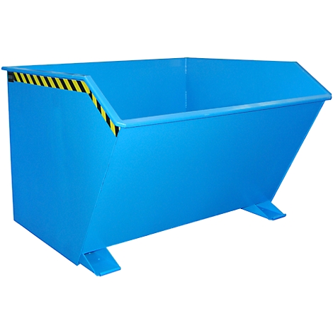 Conteneur basculant peint en bleu avec bandes d'avertissement jaunes et noires.