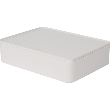 Een rechthoekige witte opbergdoos met een deksel, licht afgeronde hoeken, zonder zichtbare kenmerken.