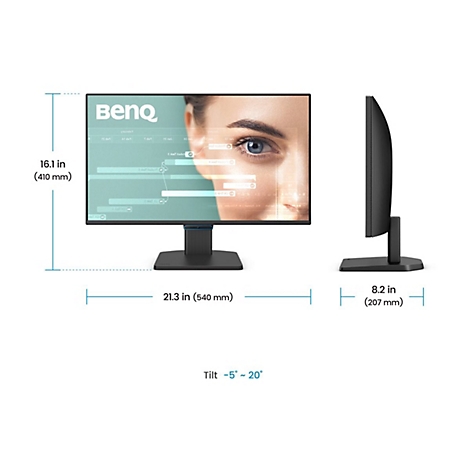 Moniteur noir photographié de face et de côté. Les dimensions sont indiquées. L'écran affiche un visage.