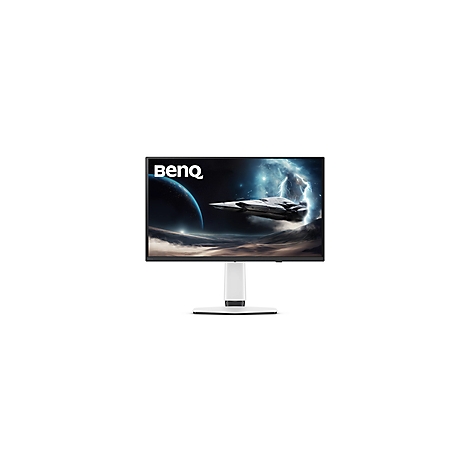 Ein BenQ-Monitor mit Weltraum-Hintergrund, weißer Standfuß, schwarzer Rahmen. BenQ-Logo links oben.