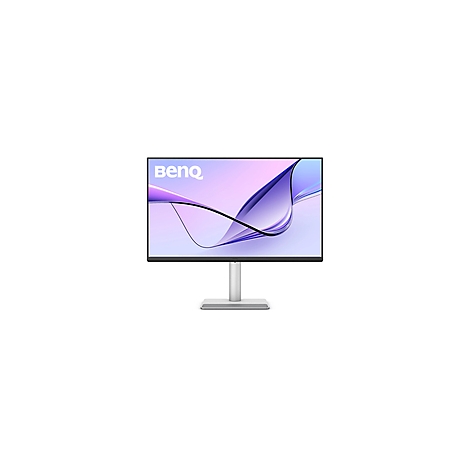 Ein BenQ-Monitor mit weißem Rahmen und Standfuß. Auf dem Bildschirm ist ein lila-rosa Muster zu sehen.