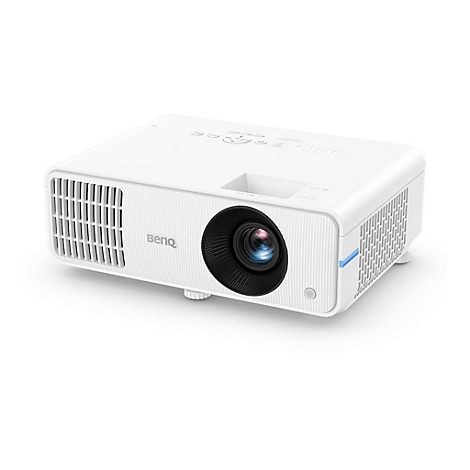 Projecteur BenQ blanc sur fond blanc, vue de côté.