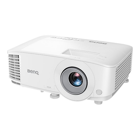Projecteur blanc avec logo BenQ, objectif en focus.