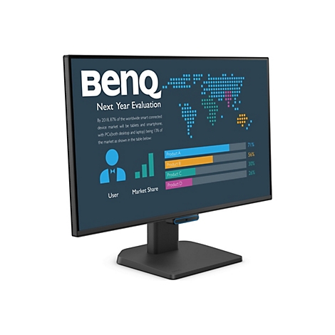 Un moniteur BenQ avec un graphique montrant la part de marché de différents produits. Le moniteur est présenté sur fond blanc.