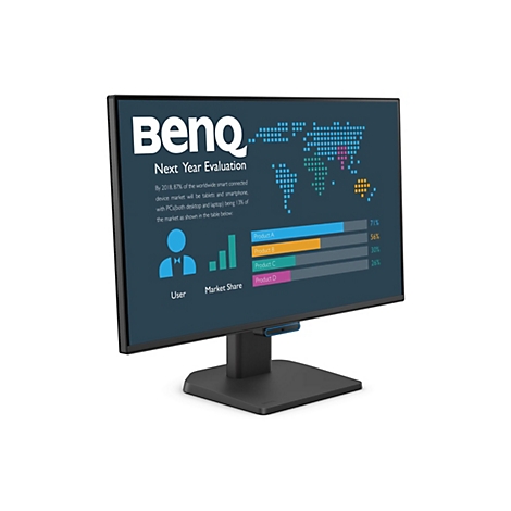 Schwarzer BenQ Monitor vor weißem Hintergrund mit einer Präsentationsgrafik zur Marktanalyse.