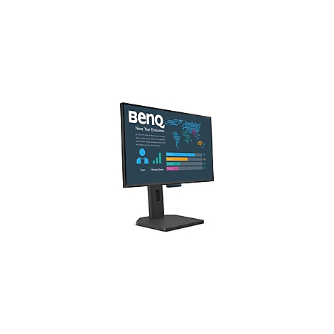 Schwarzer Monitor von BenQ mit Präsentation auf dem Bildschirm. Der Monitor steht auf einem schwarzen Fuß.