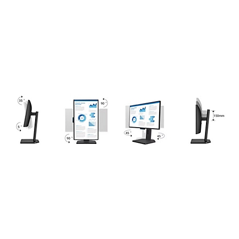 Der Monitor ist in verschiedenen Positionen dargestellt: Gekippt, gedreht und in der Höhe verstellbar. Auf dem Bildschirm sind Diagramme zu sehen.
