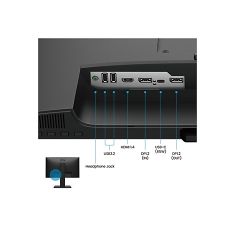 Gros plan de l'arrière d'un moniteur noir avec des ports étiquetés USB 3.2, HDMI 1.4, USB-C et DP1.2. Un logo BenQ est en bas.