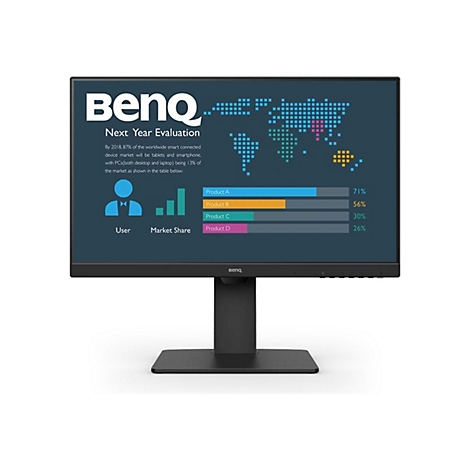 Schwarzer BenQ-Monitor mit Diagramm: Weltkarte, Balkendiagramm mit Anteilen für Produkte A bis D. Text: "Next Year Evaluation".
