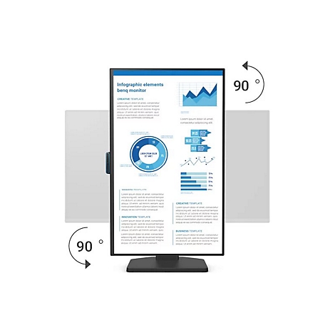 Ein drehbarer Monitor, der Infografiken zeigt. Zwei Pfeile mit 90 Grad kennzeichnen die Drehfunktion.