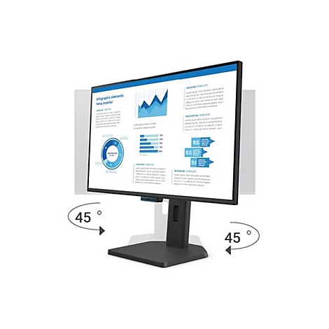 Der schwarze Monitor ist um 45 Grad geneigt, die Anzeige zeigt Infografiken.