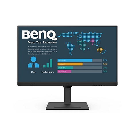 Moniteur BenQ affichant des infographies de part de marché. L'écran affiche une carte du monde et des graphiques à barres.