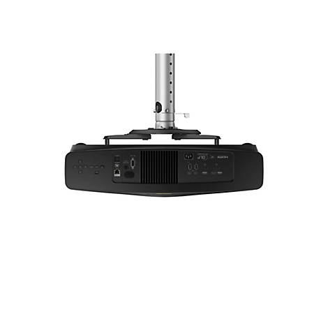 Schwarzer Deckenprojektor mit silberner Halterung. Auf der Rückseite Anschlüsse für HDMI, USB, Strom und Netzwerk.