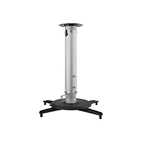 Un support de projecteur de plafond argenté avec une base et des supports noirs. Le support est sur fond blanc.