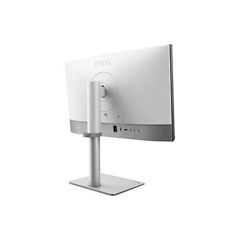 Le moniteur blanc montre l'arrière avec support et logo. Les connexions sont visibles.